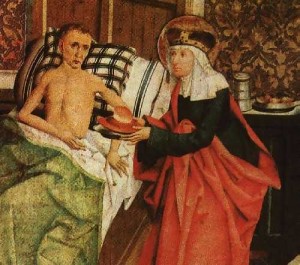 Anežka ošetruje chorého. Oltárny obraz z r. 1492, dnes v Národnej galérii v Prahe.