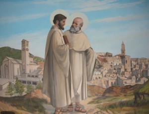 Obraz: sv. Ján z Matery a sv. Viliam z Vercelli, 1989, kláštor v Monte Vergine v Taliansku