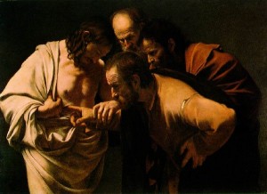 Michelangelo Merisi da Caravaggio: Tomáš sa dotýka  Ježišových rán, 1601 - 1602, Galéria v parku Sanssouci, Postupim